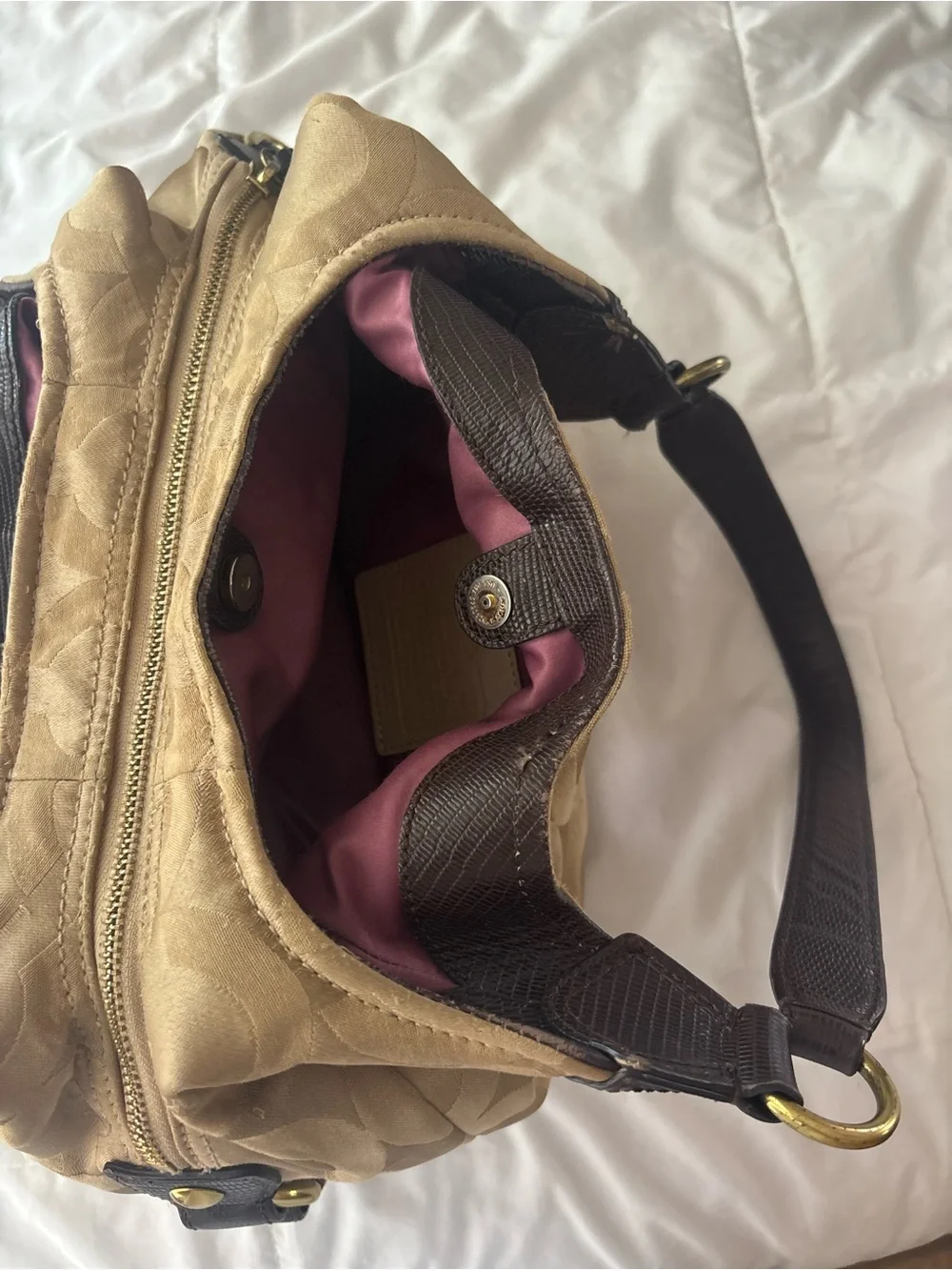 Coach Beige Signature Hobo with Dark Brown Leather Straps